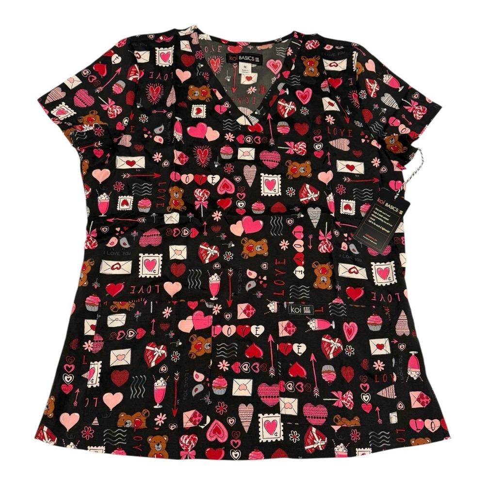 NWT‎ Koi Basics Heart Mail Stretch V-Neck 2-Pocket Scrub Top Women's M